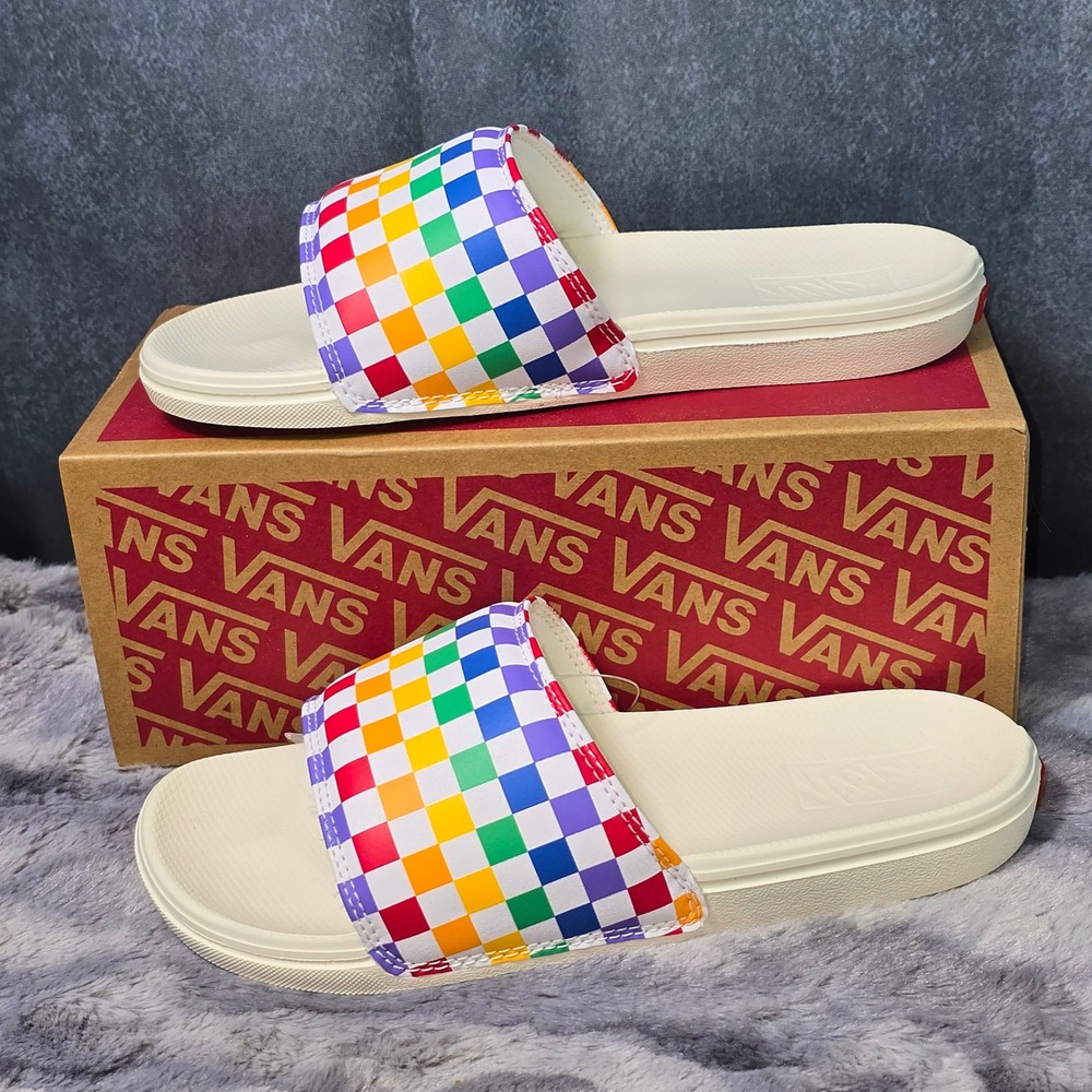 NWB Vans La Costa Slide-On Rainbow Checkerboard Marshmallow Kids Size 6.0